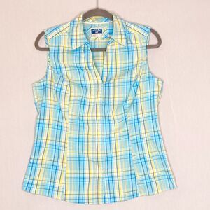 Riders By Lee Easy Care Sleeveless Button Front Top Med Blue Green Yellow Plaid